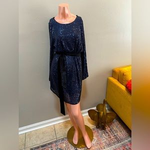 Navy sequin long sleeve party dress with velvet tie